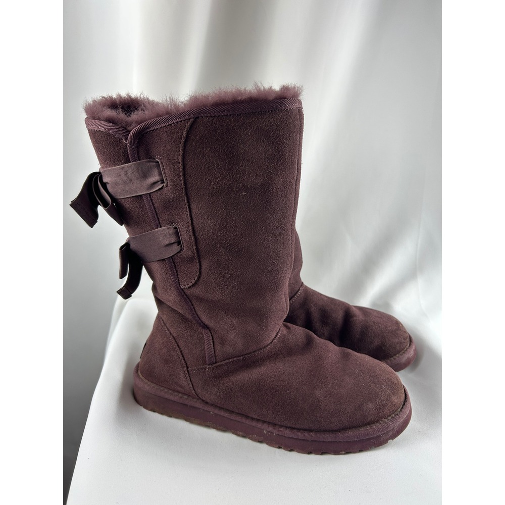UGG Bailey Bow Tall Plum Purple Suede Shearling Boots Ribbon Back Coquette Sz 8
